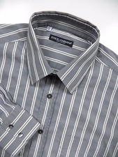 DOLCE & GABBANA MENS 16.5 LARGE 34 DRESS SHIRT GREY WHITE STRIPE STRETCH ITALY