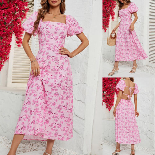 Women Boho Floral Midi Dress Summer Holiday Beach Kaftan Chiffon Skater Dresses