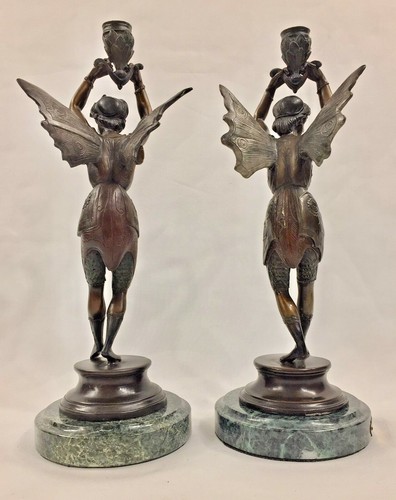 "Raro Coppia Vintage Candelieri Fatati Bronzo su Marmo 16" - Foto 2 di 10