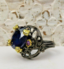 STUNNING DEEP BLUE SAPPHIRE AND ARTFULLY MADE DARK TINTED STERLING SILVER RING 7