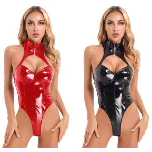 Womens Leotard PVC Leather Bodysuit Catsuit Wetlook Cutout Zipper EDM Clubwear - Picture 1 of 32