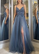 Lowime Glitter Tulle Prom Dresses Beaded Lace V Neck Backless Long Formal Gowns