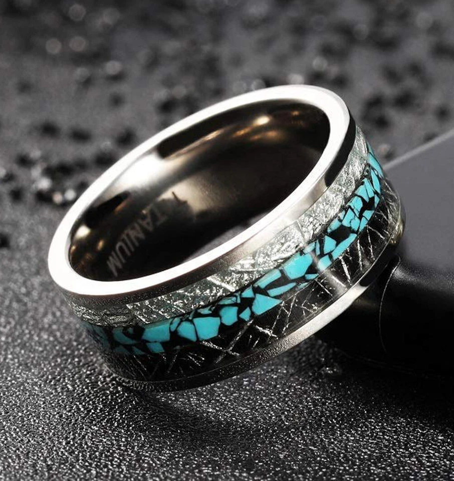 Ebay Wedding Rings For Men. 8mm Steel Band w Turquoise & Duo Meteorite Inlay - Image 2 of 4