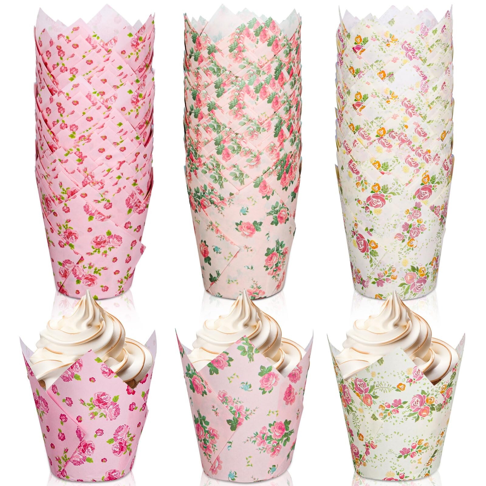 Whaline 180Pcs Spring Floral Tulip Cupcake Liners Greaseproof Baking Muffin Wrappers
