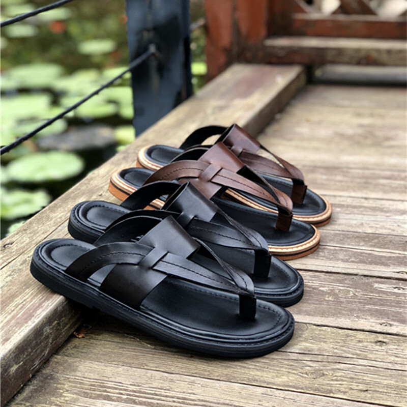 Slippers Slip On Sandal Casual Real Leather Mens Shoes Flats Korean Style Summer-image