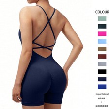 Women's Cutout Back Jumpsuit Seamless Yoga Bodysuit Quick Dry Summer Workout Set