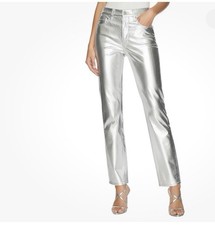 Good American Good Icon Straight Pants Silver Faux Leather Women Sz 6 NWOT