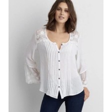 American Eagle Outfitters Women S White Top Lace Bell Sleeve Pintuck Button Up