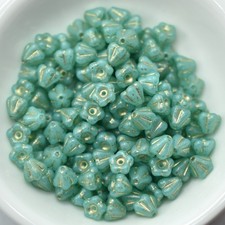 4x6mm Bell Flower Chalk Mint Gold Wash, 30 Beads Czech Glass