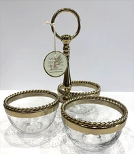 Hammered Serveware Server 3 Part W/ Handle Glass. Dishes Gold Metal 1.5 Cup