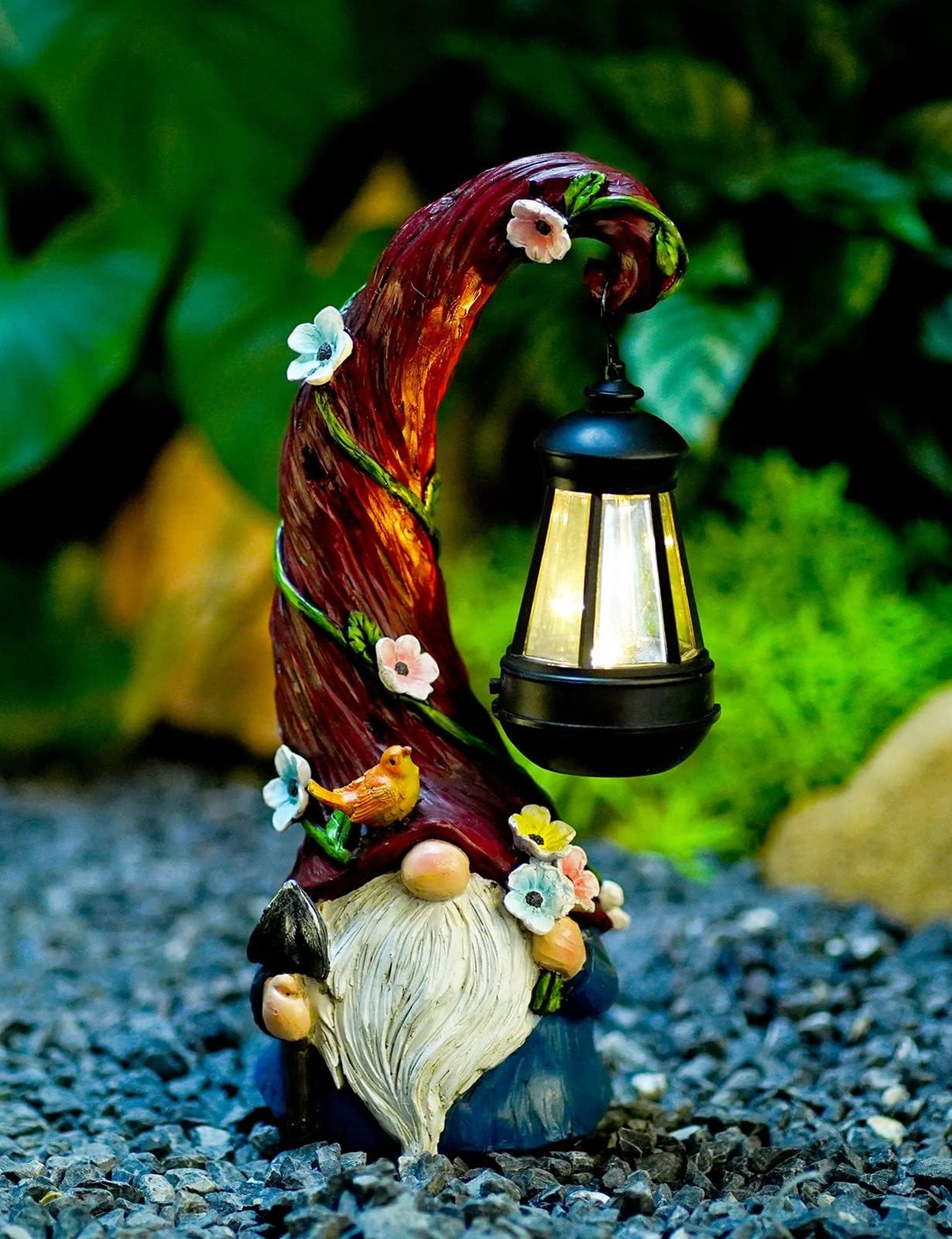 Solar-Powered Gnome Statue with Lantern Light for Garden or Yard Decor