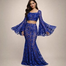 Mac Duggal Blue Lace Two Piece Bell Sleeve Crop Top Maxi Skirt Formal Set Glam