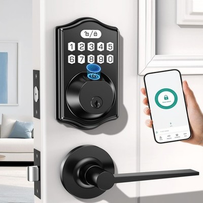 keyless Entry Door Lock deadbolt with Handle Set- Front Door Fingerprint Smar...