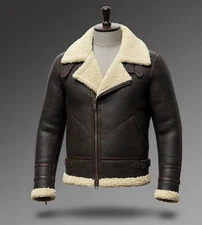 Men's Brown Shearling Style Leather RAF Pilot Jacket Real Sheepskin Bomber Coat
