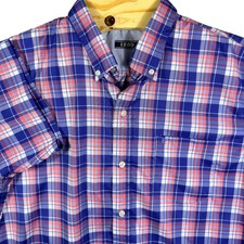 IZOD Mens Short Sleeve Plaid Button Down Shirt Blue Pink White Size L