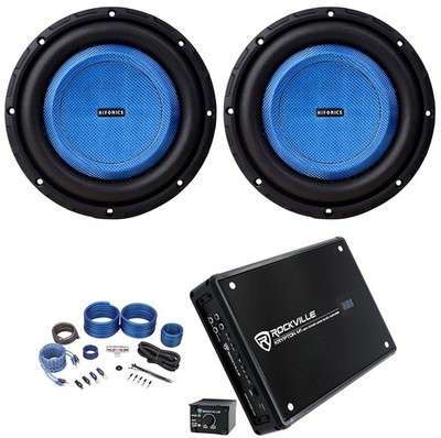 (2) Hifonics HEW8D4S 8'' 250w RMS Shallow Slim Subwoofers+Mono Amplifier+Amp Kit
