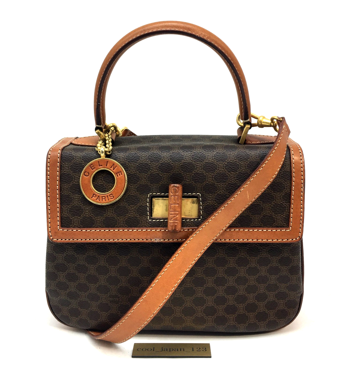 Auth Old CELINE Macadam Top Handle Shoulder Bag Circle Logo Brown