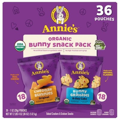 Annie'S Organic Birthday Cake Bunny Grahams and Cheddar Bunnies Snack Pack 36 Co