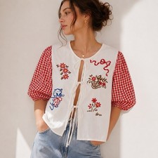 Corbata de sidra parte superior delantera XL gato bordado rojo guinga manga abullonada abuela cabaña