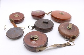 F x 7 Vintage Chesterman Leather Cased Tape Measures w/ Brass Winding Mech