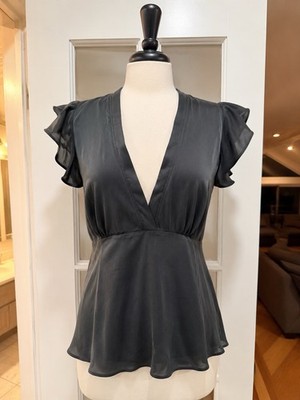 Context Woman Black Silk Blouse Size 16W Plus Flutter Sleeve V-Neck Career Top