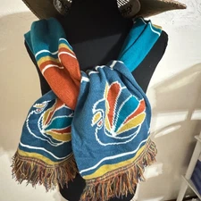 Bohemian Ventures Endurance Teal Orange Bird Knit Scarf Fringe OLDSTOCK
