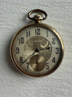Antique Running 1923 Elgin Floral Art Deco 14k Gold Fill Mechanical Pocket Watch