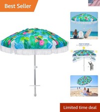 6.5ft Heavy Duty HIGH Wind fringe Beach Umbrella with sand anchor Vent Tilt P...