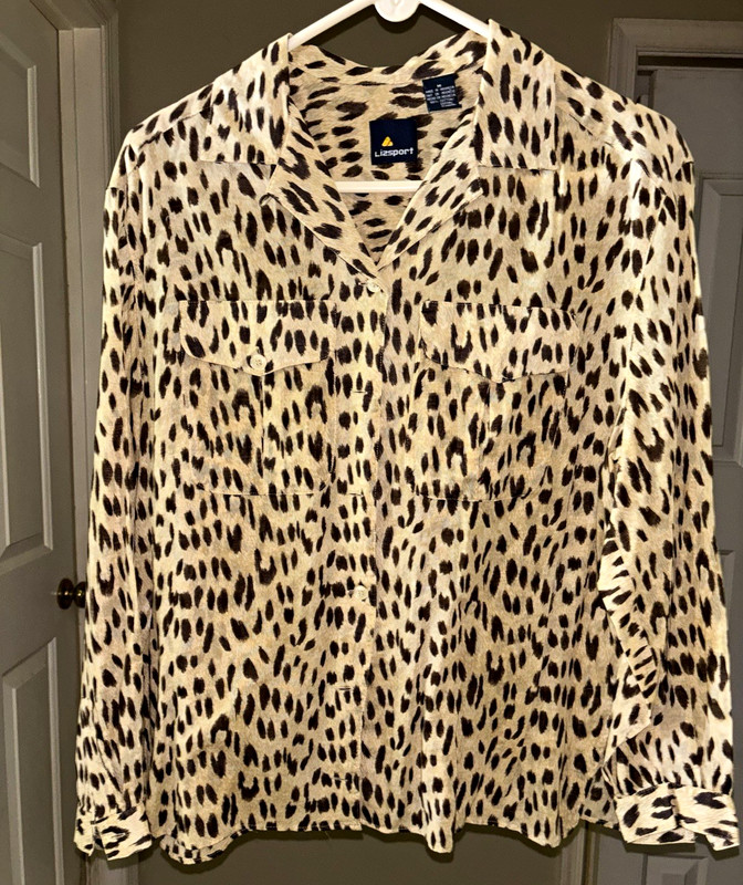 Lizsport Beige Brown Leopard Animal Print Woven Cotton Button-Up Shirt Pockets M