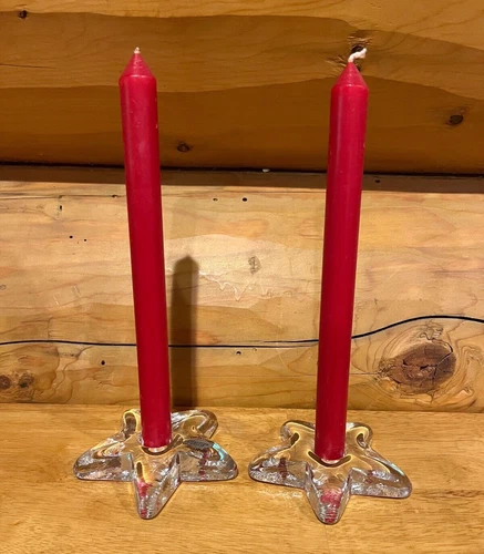 Blenko Art Glass Clear Crystal Star Candle Holders Set of 2