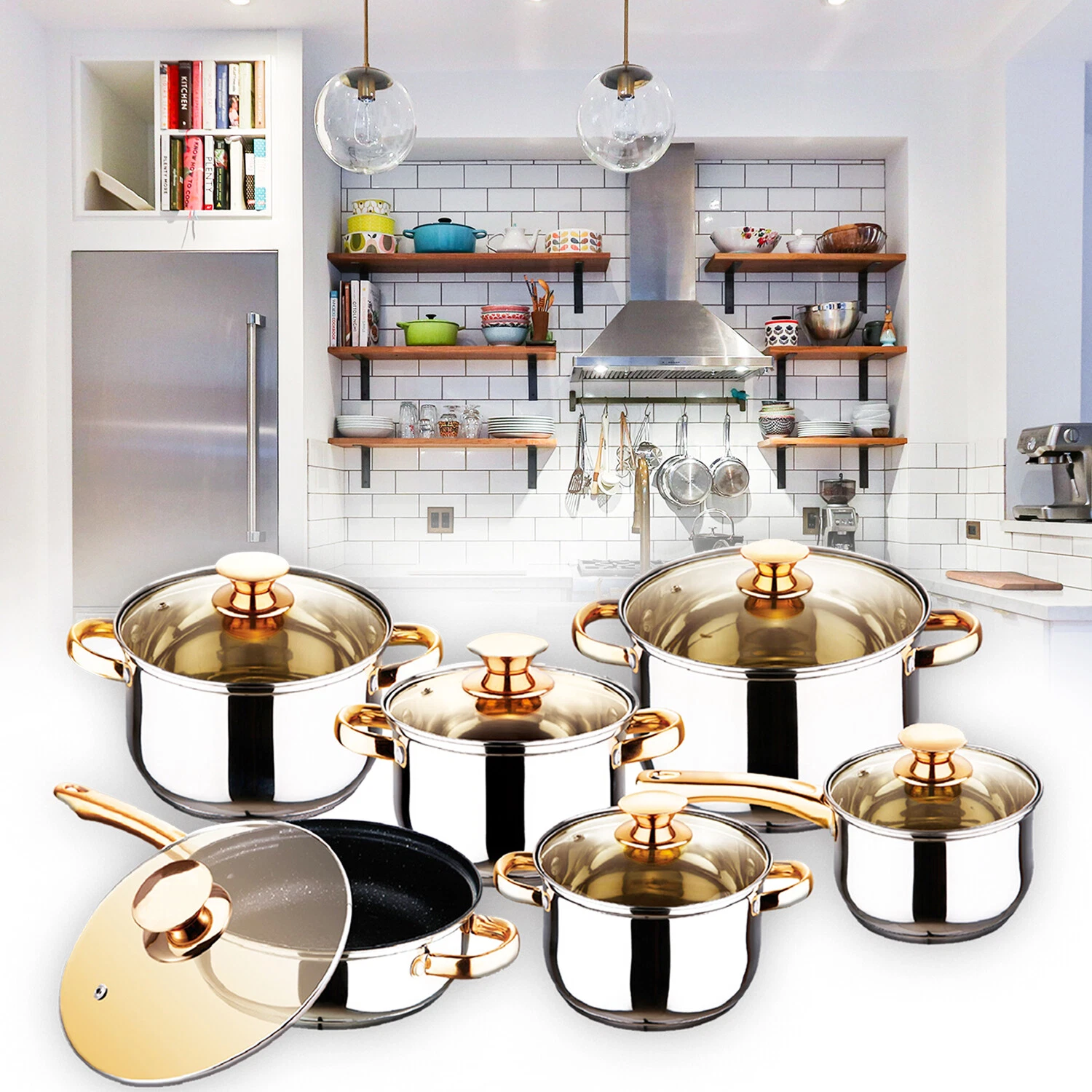 12 Pcs STAINLESS STEEL INDUCTION HOB CASSEROLE POT SAUCEPAN COOKWARE DINING SET