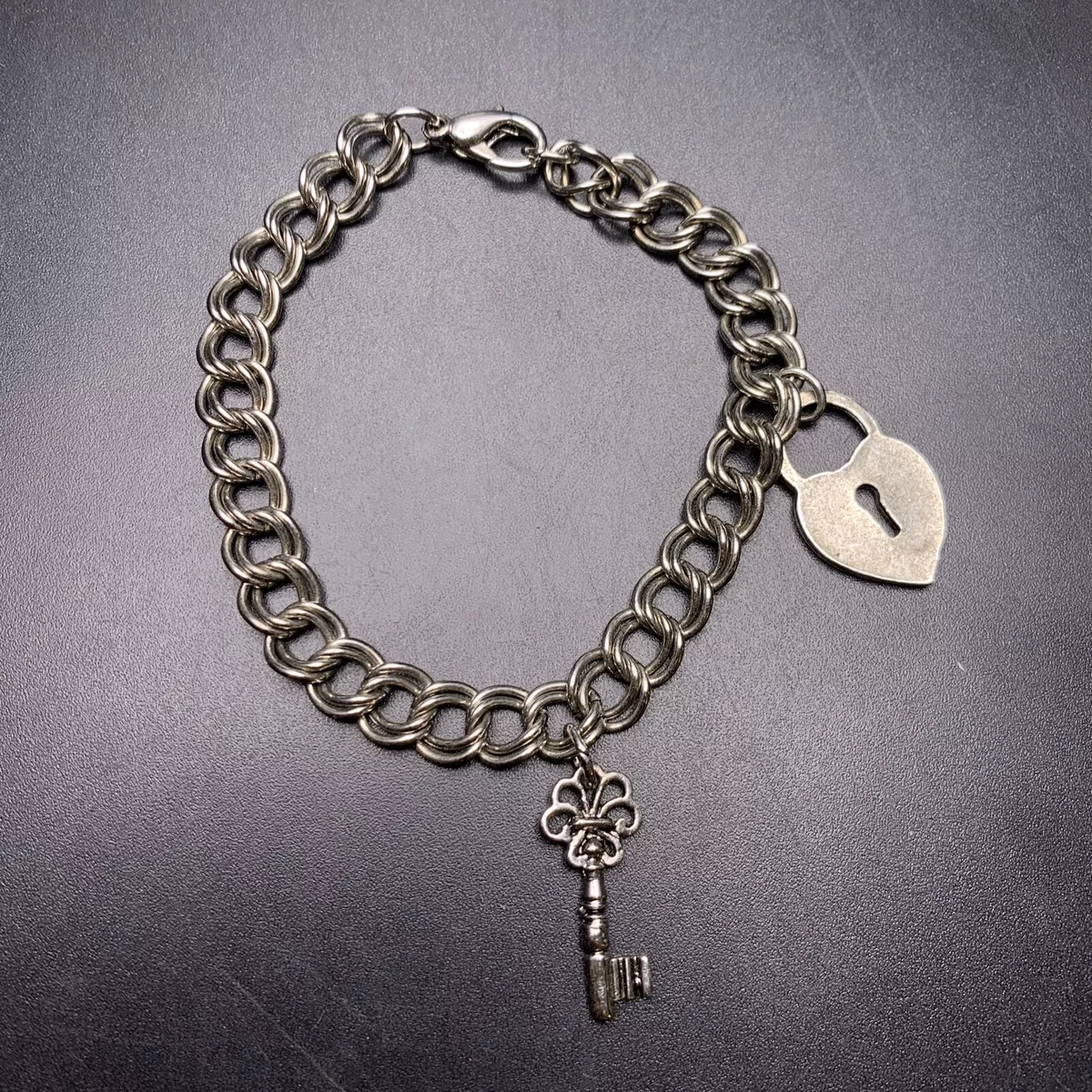 Lock and Skeleton Key Charm Bracelet Silver Tone Dainty Padlock 7 Inch