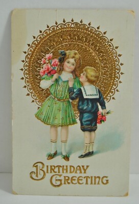 Antique Victorian Gold Embossed Birthday Greeting Postmarked January 3, 1914