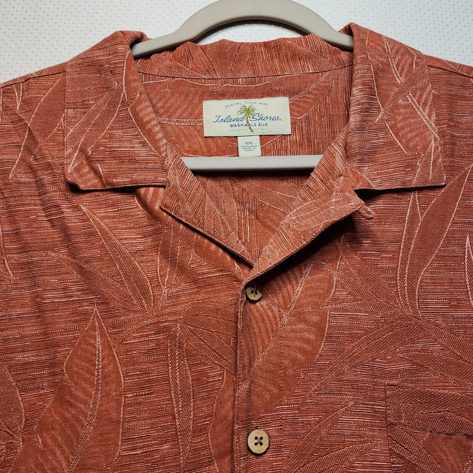 Camisa con botones Island Shores para hombre XXL naranja sobre naranja estampado dobladillo dividido logotipo seda Foto 2 de 4