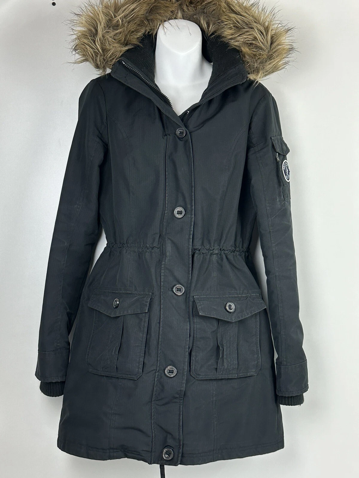 Abercrombie & Fitch Women’s Parka Coat Faux Fur Hooded Jacket Black Size M