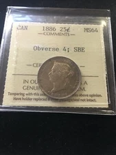 1886  Normal 6 Obv.#4 ; SBE**ICCS Graded Canadian  ¢25  Cent**MS-64** XRN 194