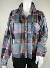 Passport Long Sleeve Plaid Shirt D-Ring Tab Sleeves Blue Brushed Poly Jr Size XL