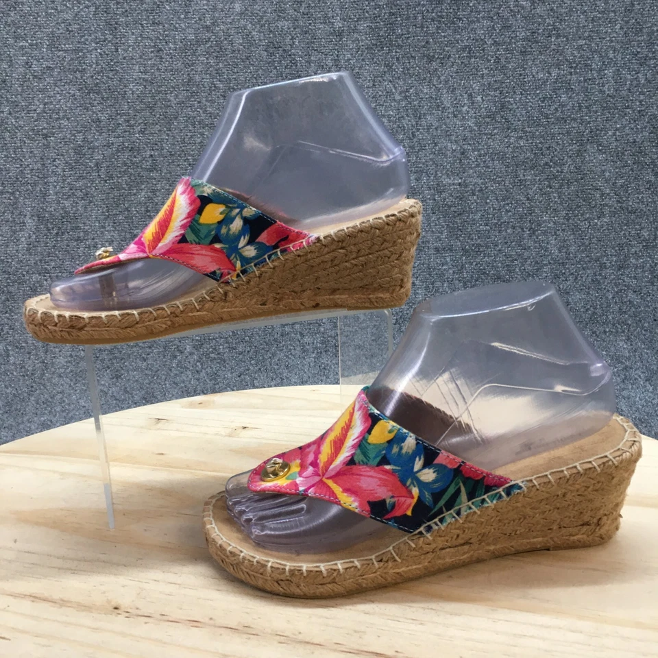 Croft Barrow Sandals Womens 6M Floral Thong Sandal Wedge Heels Pink Green Fabric - Image 2 of 4