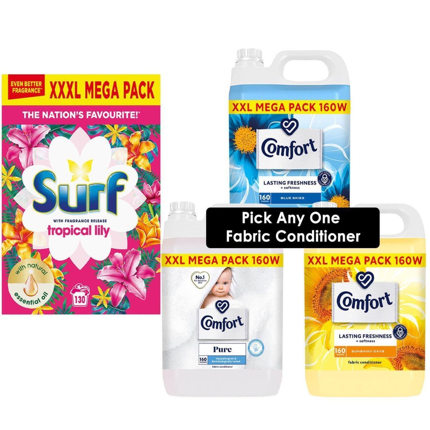 Polvo de lavandería Surf Tropical Lily 130W y cualquier 1 acondicionador de tela cómodo 160W