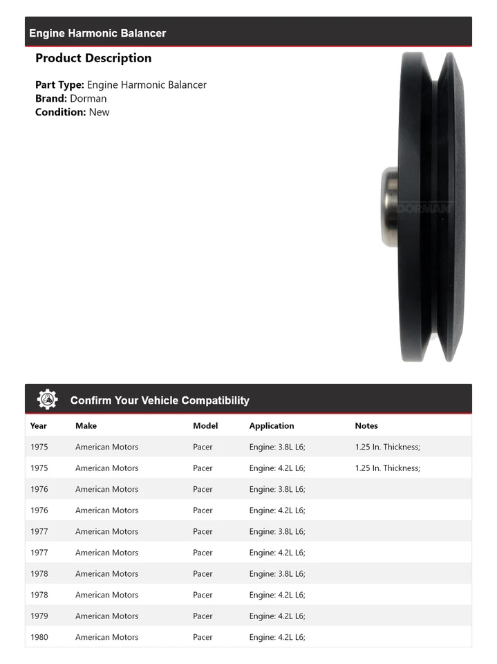 Equilibrador armónico de motor Pacer Dorman 1976 1977 American Motors 1975-1980 Foto 2 de 4