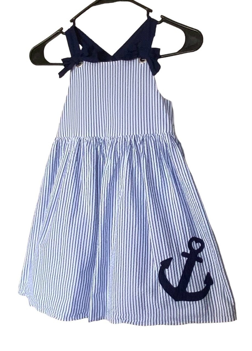 TAHARI **YOUTH SIZE 7** BLUE & WHITE STRIPE SEERSUCKER DRESS NAUTICAL ANCHOR