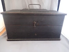PRIMITIVE ANTIQUE, DARK GREEN DOCUMENT BOX WITH WIRE BALE HANDLE