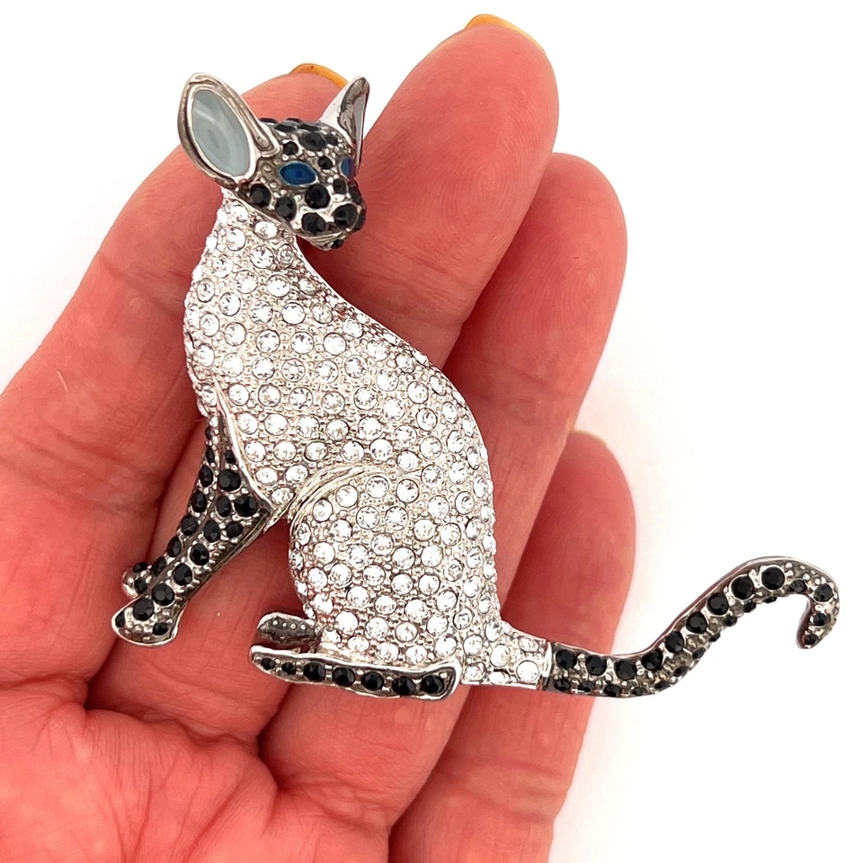 Juego de broche gato siamés aleación de metal chapado en rodio con esmalte y cristales checos Foto 3 de 4