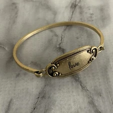 Victorian revival cursive antique gold Love panel tension bangle bracelet 