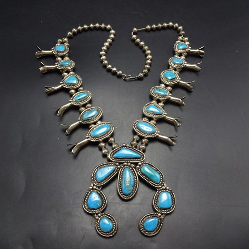 Precioso COLLAR VINTAGE de plata esterlina de los años 70 con gema azul turquesa flor de calabaza - Imagen 8 de 18