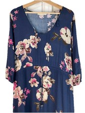Lovestitch Women's M Blue Floral 3/4 Sleeve Scoop Neck Maxi Dress