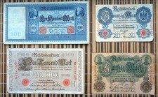 Lot of German Empire 20, 50, 100 & 1000 Mark Denominations. Set of 4 Banknotes