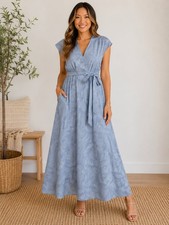 Azazie Dusty Blue Floral Jacquard Wrap Maxi Dress A4 Bridesmaid Formal Gown