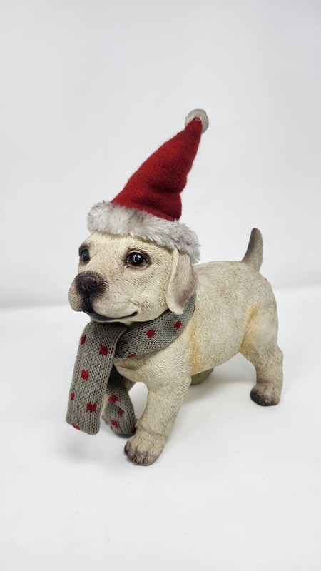 Plow & Hearth Holiday Labrador Puppy Statue w/ Festive Hat & Scarf 10x 8 Inches