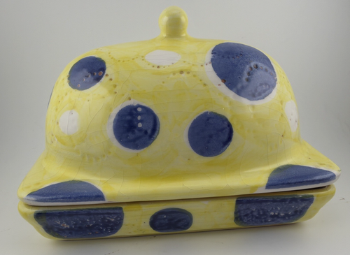 Anthropologie MCM Yellow Blue Polka Dot Butter Dish 7